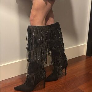 NEW Black Fringe Knee-High Boots